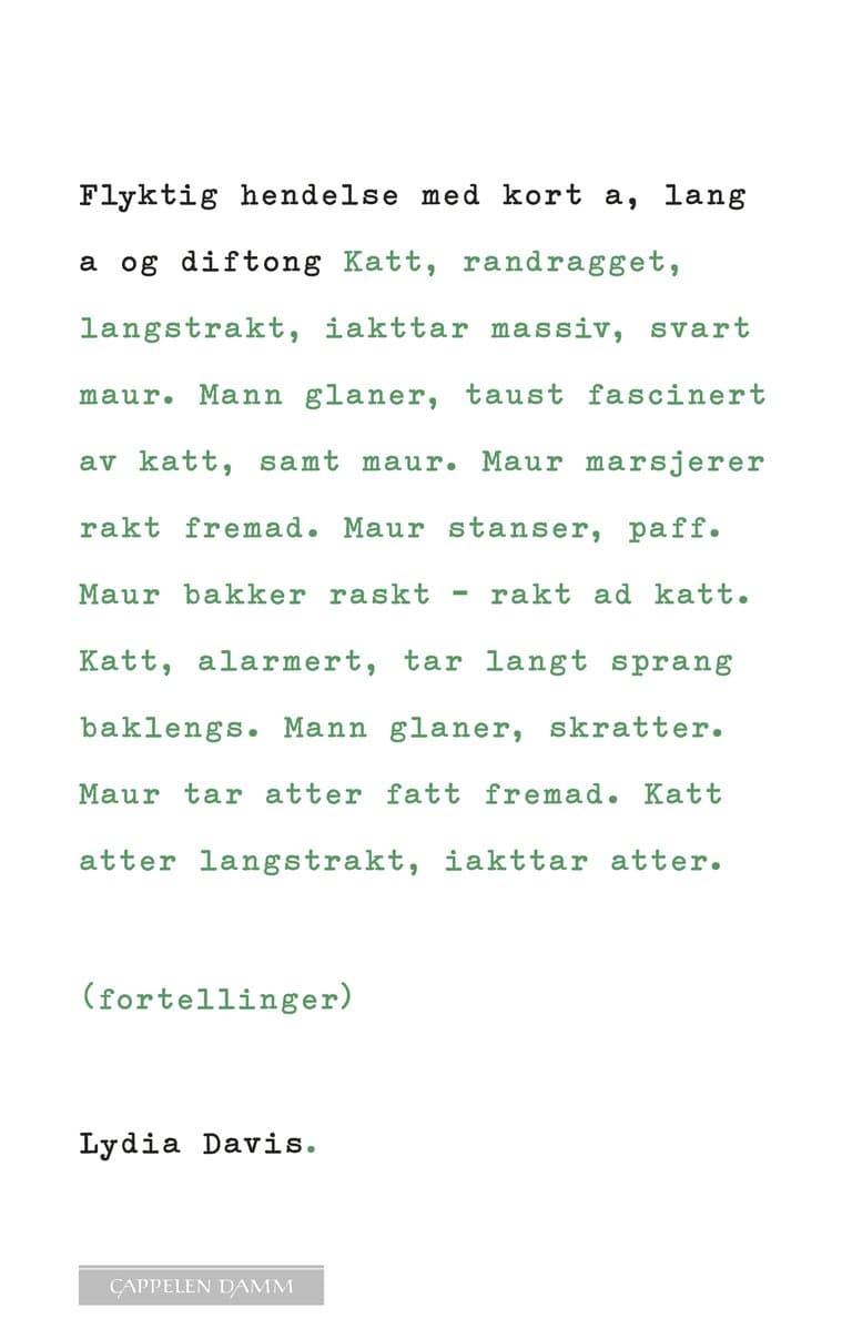 Omslag Flyktig hendelse med kort a, lang a og diftong av Lydia Davis (Innbundet)