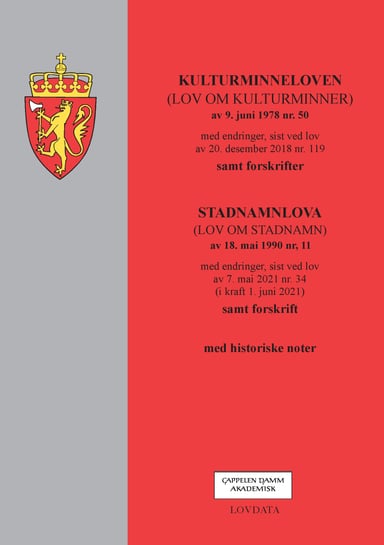 Omslag av "Kulturminneloven m/forskrifter og stadnamnlova m/forskrift"
