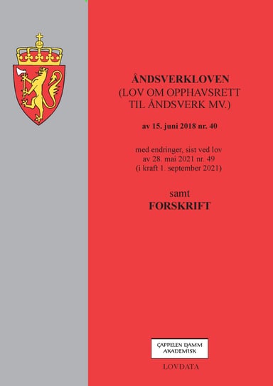 Omslag av "Åndsverkloven (lov om opphavsrett til åndsverk mv.) m/forskrift"