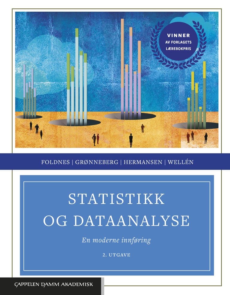 Omslag Statistikk og dataanalyse av Njål Foldnes, Steffen Grønneberg, Gudmund Horn Hermansen og Einar Wellén (Innbundet)